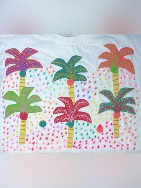 Vintage Single Stitch White Tee Shirt With Embroidered Colorful Tropical Palms